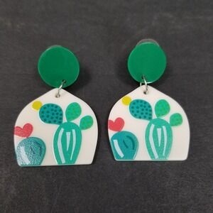 Green Cactus Acrylic Drop Earrings White Arch Heart Desert Statement Dopamine